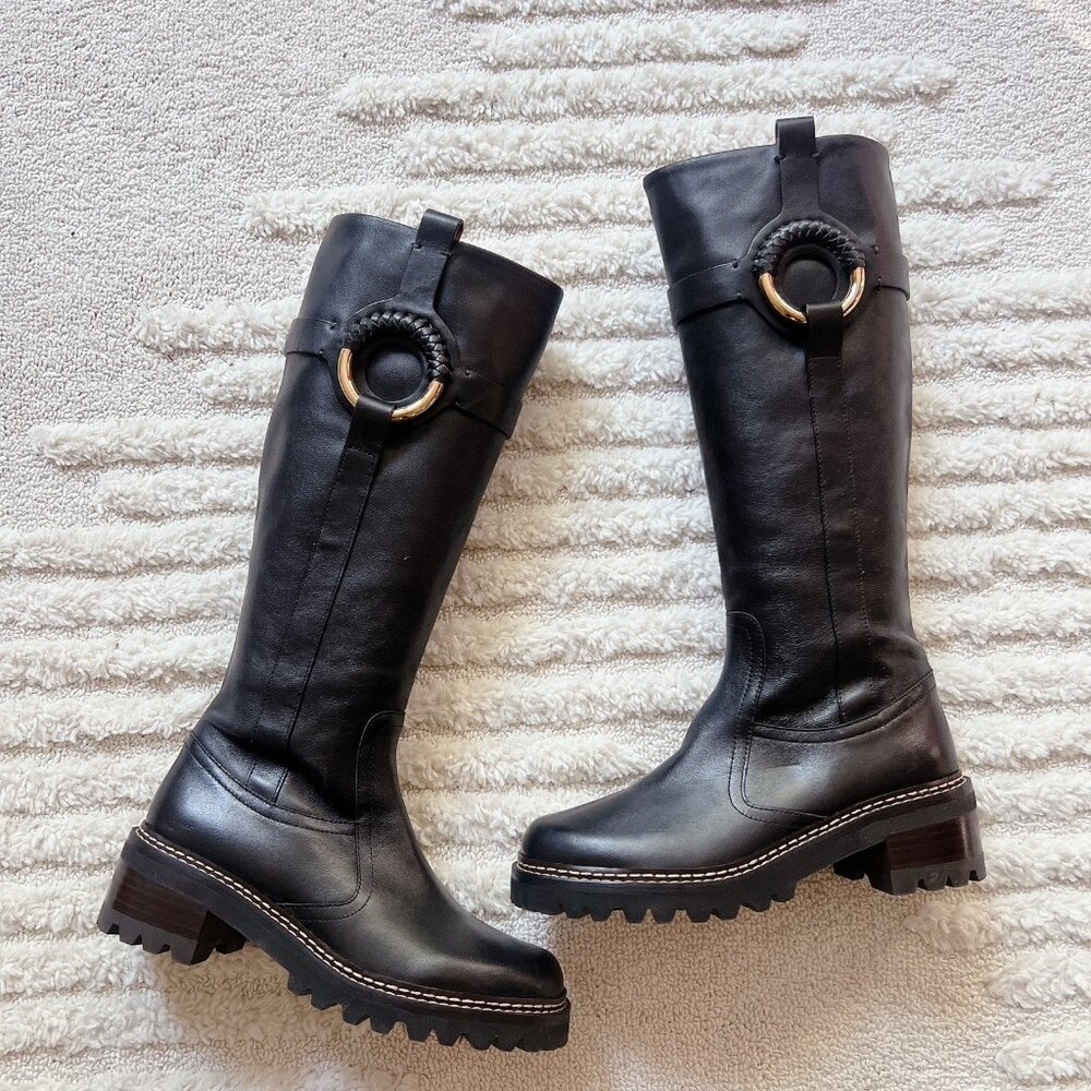 See By Chloe Hana Harness Lug Sole Platform Side Zip Knee High Boots Black EU 37 - Picture 3 of 11